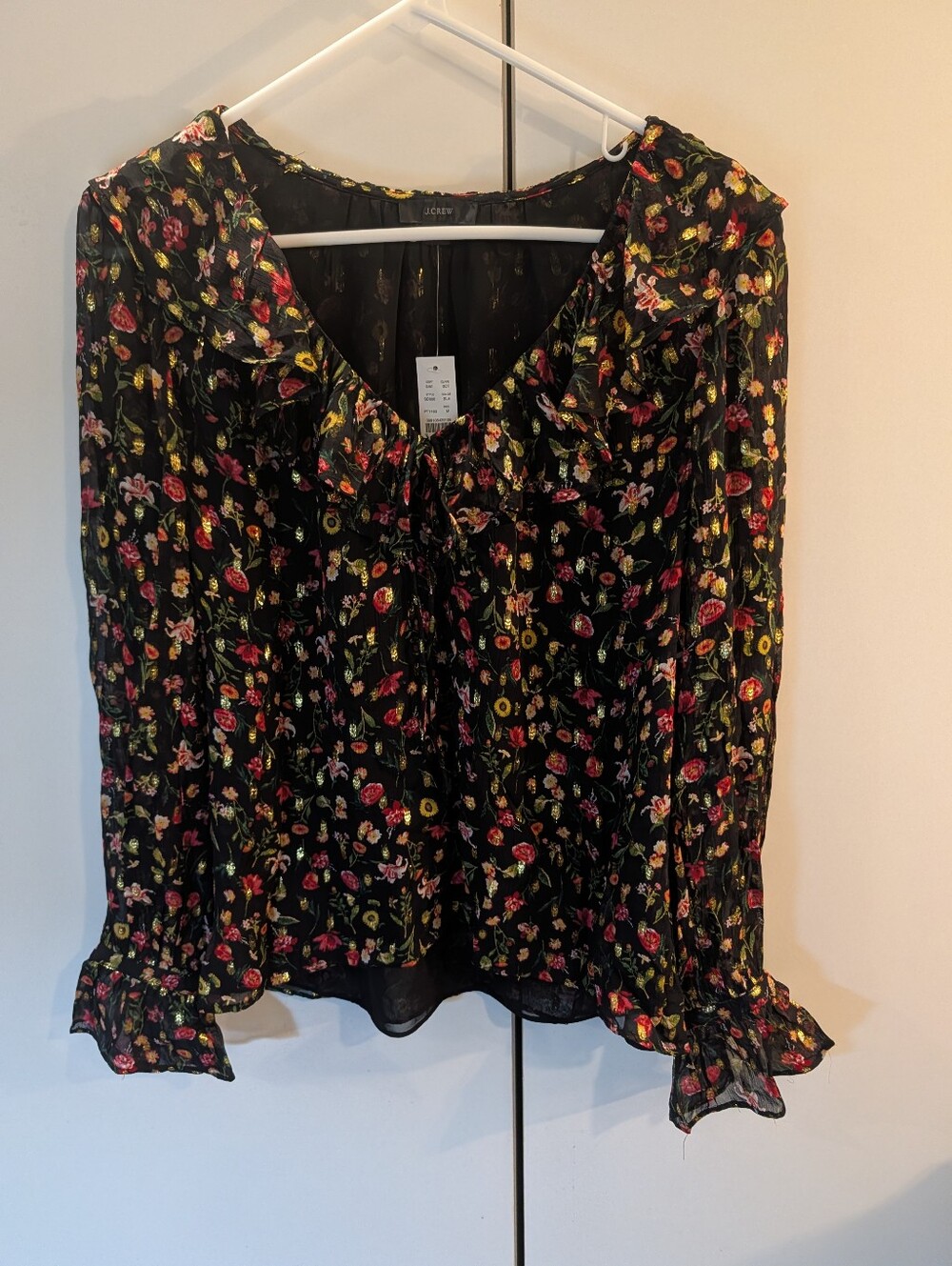 J.Crew Woman's M Black Floral Ruffle-Trim Long Sleeve Blouse NWT